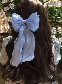 1pc Women's Oversized Blue Silk Satin Bow Hair Clip, 25cm/9.84in, Fashionable And Elegant, Minimalist Style, Solid Color Hair Accessory Suitable For Daily Wear, Parties, Commuting, Vacation, Facial Care, Makeup And Clothing Matching, Hair Accessories, And Accessories,Cat Ears Valentine's Day Claw Clips Hair Claws Hair Barrettes