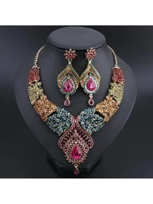 1 Set Crystal, Rhinestone, Cubic Zirconia Water Drop Necklace And Earrings Jewelry Set, Suitable For Women's Wedding, Party, Daily Wear, Great For Holiday, Birthday, Christmas Gift