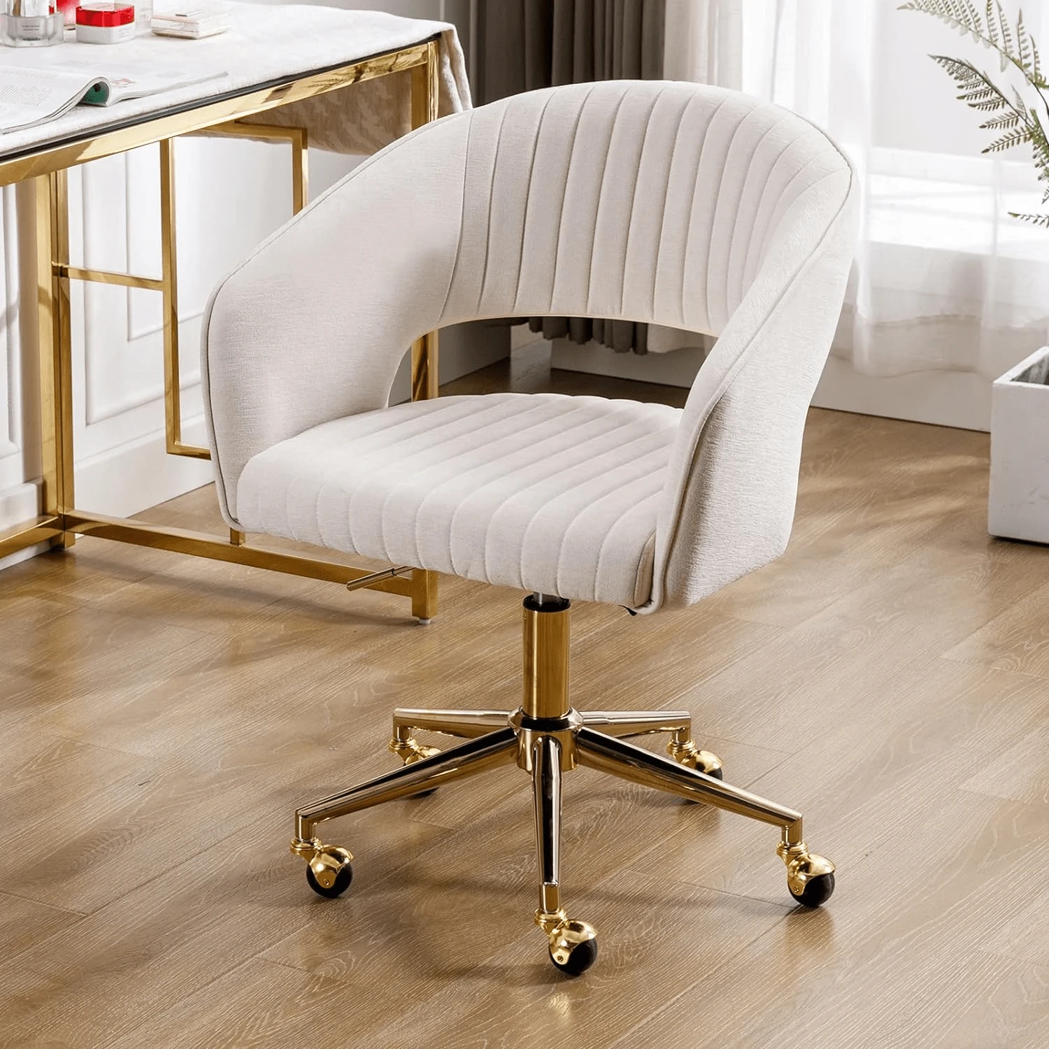 WAHSON OFFICE CHAIRS 1PC Wahson Office Chair With Casters, Ergonomic Office Chair With 360° Swivel Seat, Gold Plated Office Chair, Study Chair For Bedroom And Office - 米色 - 查看 1