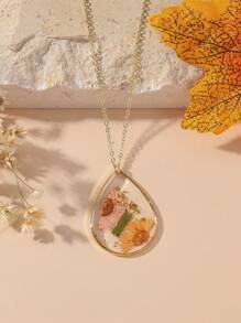1pc Exquise handgemaakte hars gedroogde bloemen hanger ketting, waterdruppelvorm, 12 maanden geboorte bloemenontwerp inclusief roos, pioenroos, flox, zwaluw en narcis. Bloemen accessoires geschikt voor dagelijks gebruik en als cadeau. Valentijnsdag, moeder, moeder, Moederdag, cadeau
