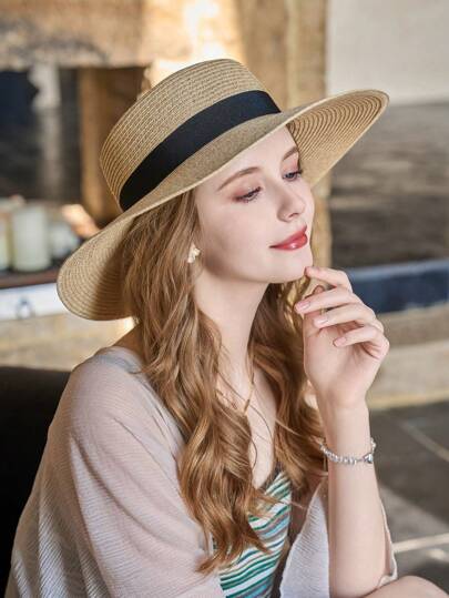 1 pieza Sombrero de paja para mujer de ala ancha con protección solar para el verano, perfecto para salir, playa o fiesta