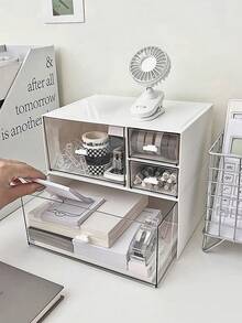 1pc Drawer Style Desktop Storage Box, Desk Organizer For Stationery In Dorm Or Office - White - View 9