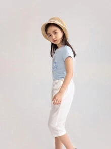 Annil 女童圆领短袖针织T恤夏季休闲上衣亲肤舒适百搭 - 藍色 - 查看 4