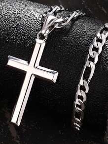 Cross Necklace For Men Women 5mm Strong Diamond-Cut Stainless Steel Figaro Link Chain  Pendant Necklace Beveled Edge Cross Chain Necklace Jewelry 18-22 Inches