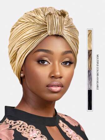 1 件女士金属皱纹扭曲头巾帽，头巾适合日常使用