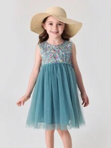 MARC&JANIE Young Girl French Countryside Style Floral Mesh Splice Sleeveless Dress, Summer