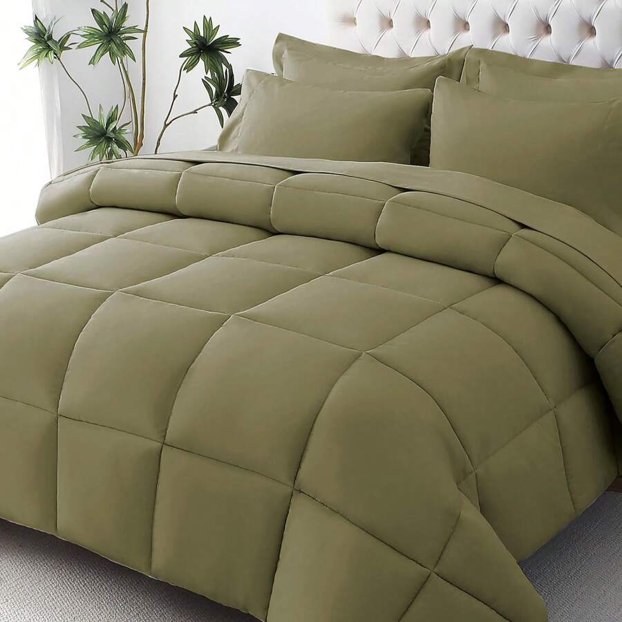 Queen Comforter Set - Black Bed In A Bag Queen/Full 7 Pieces Ultra-Soft - Goose Down Alternative - Premium 1800 Series With Comforter, Sheets, Shams & Pillowcases (Queen, Black) - Olive Green - View 1