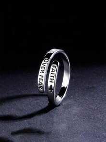 1pc Alloy Cross Faith Over Fear Adjustable Open Ring, Western Style - one-size - View 2