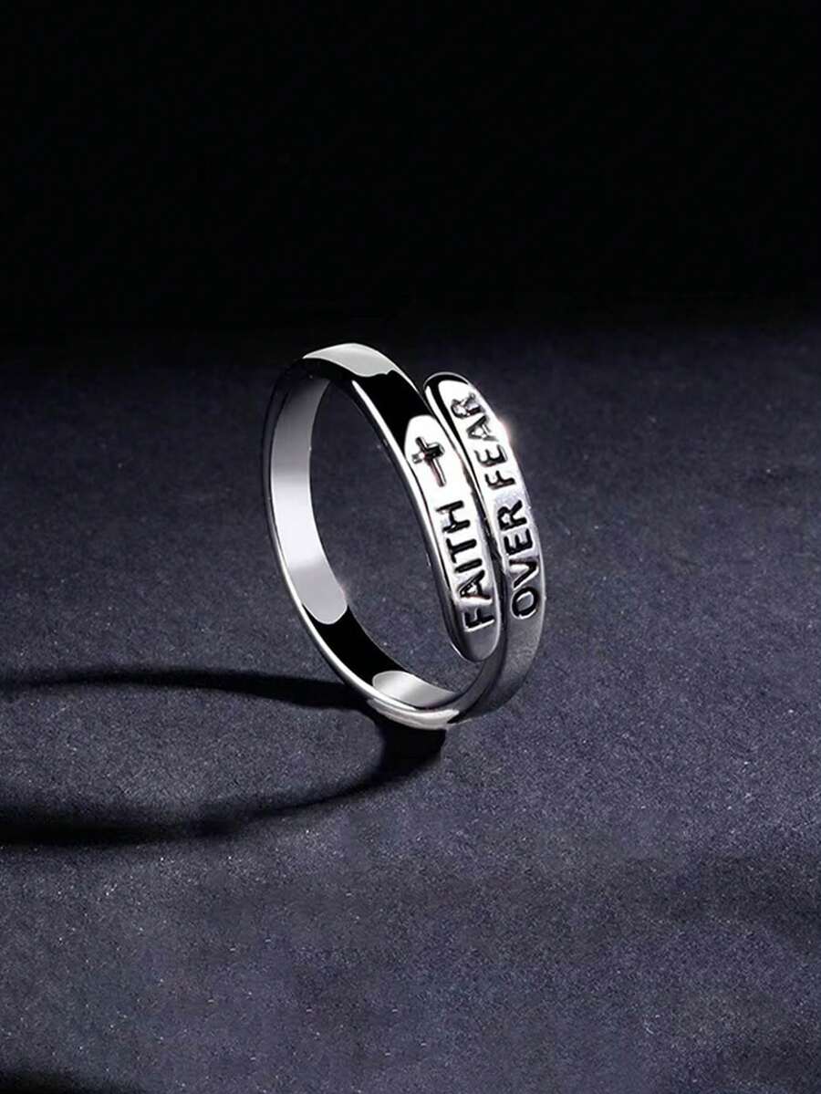 1pc Alloy Cross Faith Over Fear Adjustable Open Ring, Western Style - one-size - View 1