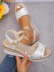 Sandalias de cuña de verano para mujer con estampado de serpiente y suelas gruesas, color dorado, elegantes y versátiles, con correa trasera - Plateado - Ver 2