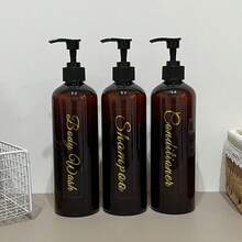500ml Shampoo & Conditioner Refillable Bottle Set For Bathroom, 3pcs, With Waterproof Labels - Brown - View 9