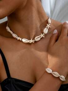 1 Set Of Summer Beach Style Casual Handmade Shell Short Collarbone Necklace Bracelet Set - Shell Set - View 10