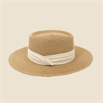 1pc Women's Summer Solid Color Sun Hat With Ribbon Decor, Straw Hat