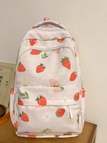 Printed Strawberry Backpack For High School Girls - Pink - View 3