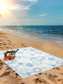 1pc Extra Large Outdoor Picnic Mat/Beach Blanket With White Starfish And Seashell Pattern, Waterproof And Portable Camping Mat For Family And Friends Gathering In Spring, Summer And Autumn, Camping, Hiking, Travel, Etc. - Multicolor - View 7