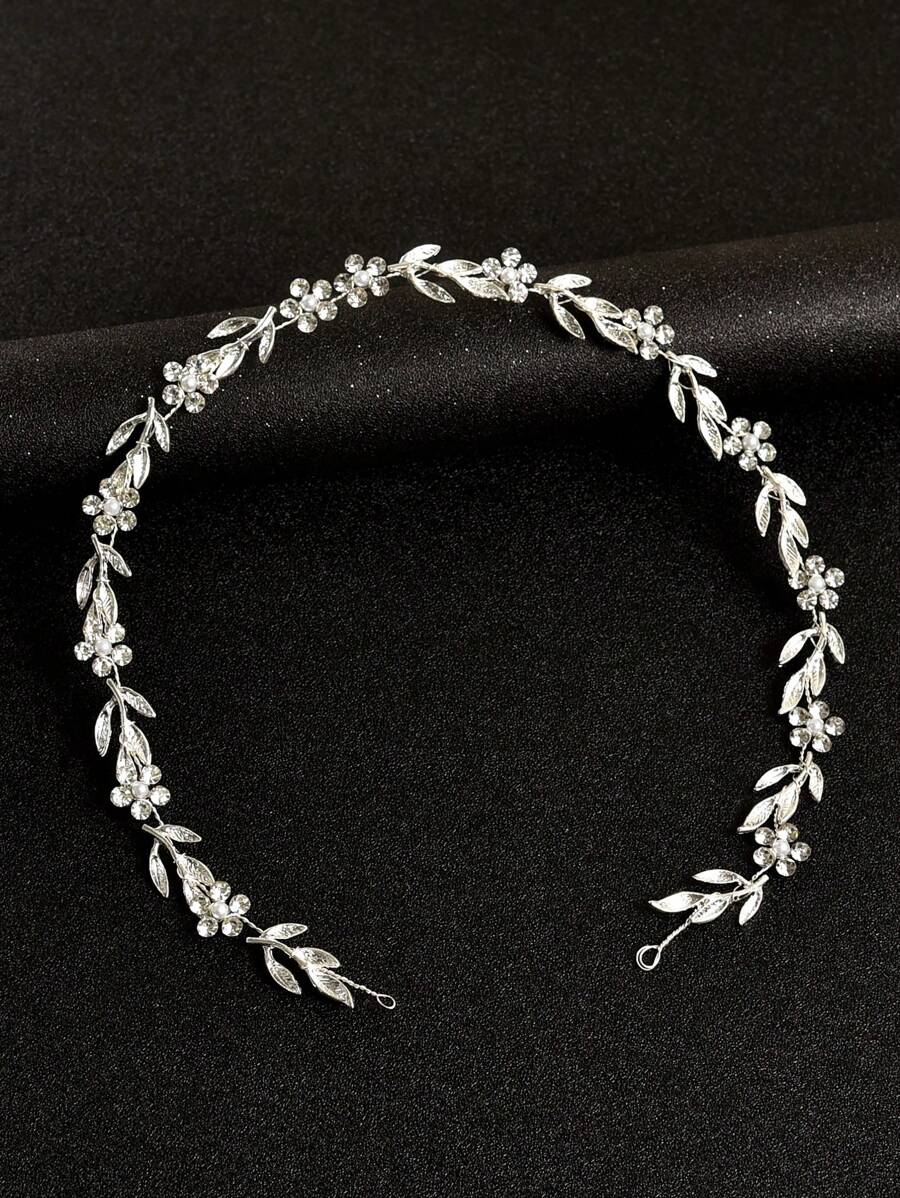 1 件女士手工合金叶水晶花软链头带，新娘婚礼派对发饰头饰情人节 - 銀色 - 查看 1