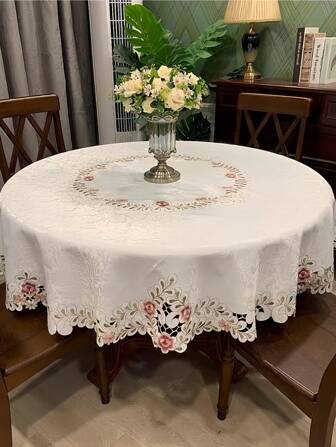 1pc Multi-Color Floral Tablecloth, Farmhouse Style Polyester Jacquard Embroidered Cutwork Dust-Proof Washable & Heat-Resistant Tablecloth, Fits Round Tables, Coffee Tables, Dining Tables For Daily Use And Events