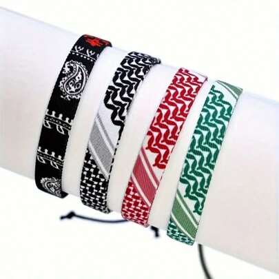 4 pezzi Braccialetti intrecciati in stile sciarpa, Braccialetto intrecciato tradizionale fatto a mano, Nastro intrecciato a pois geometrici abbinamento di colori con motivo a maglia per polso