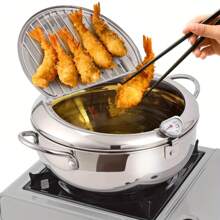 1pc Thermometer With Lid Frying Pan, Stainless Steel Frying Pan With Temperature Control And Oil Droplet Filter Rack, Suitable For Kitchen French Fries, Chicken, Etc., Universal For Gas Stove And Induction Cooker, Kitchen Cookware, Outdoor Barbecue, Deep Frying, Mother's Day Gift