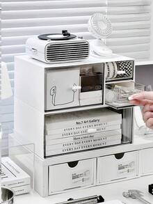 1pc Drawer Style Desktop Storage Box, Desk Organizer For Stationery In Dorm Or Office - White - View 6