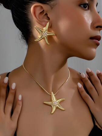 Juego de collar y pendientes de estrella de mar y perlas sintéticas con estilo de playa de moda de 3 piezas para mujeres, verano casual
