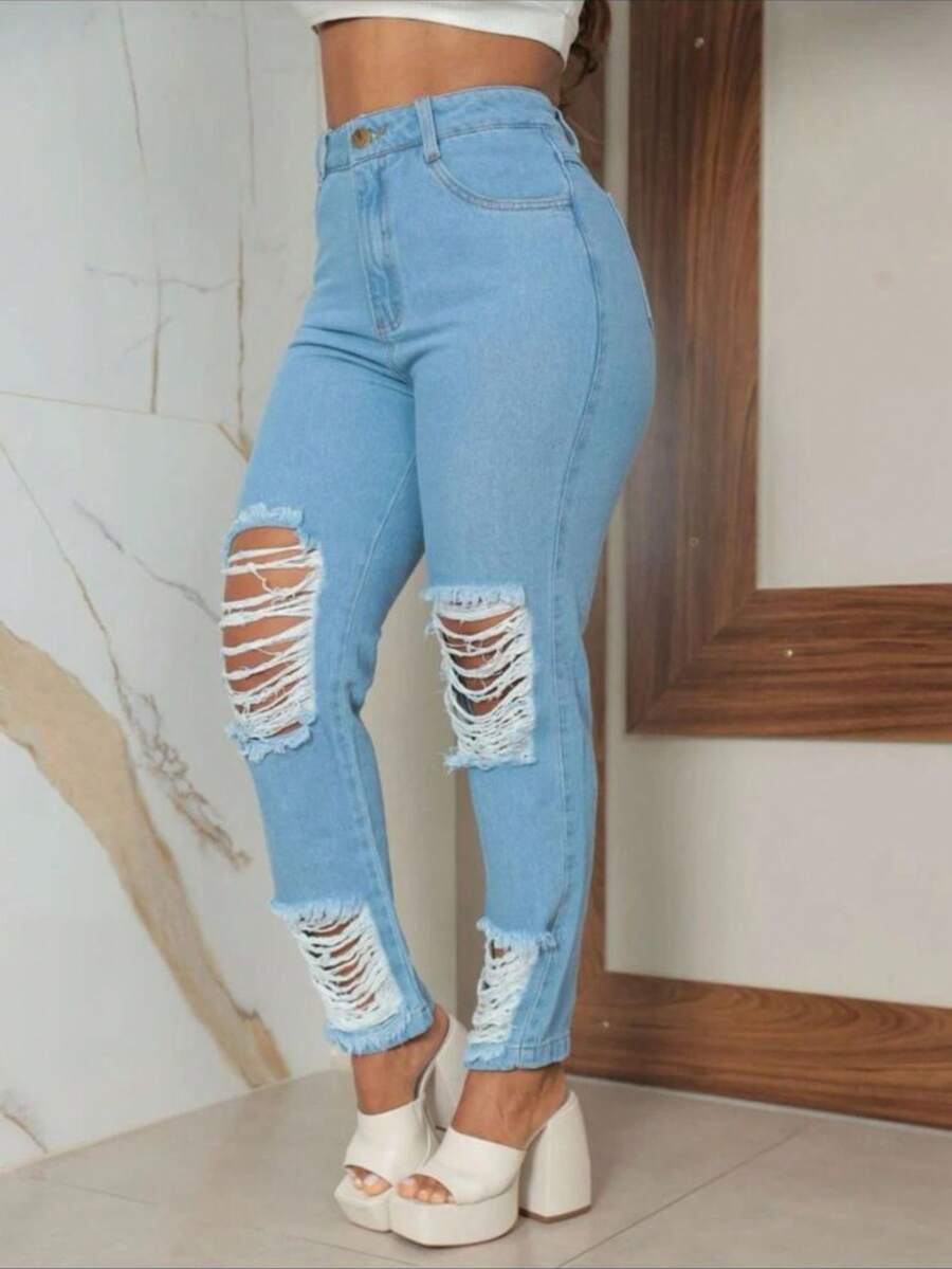 Women Jeans - 淺色水洗藍 - 查看 1