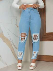 Women Jeans - 淺色水洗藍 - 查看 3