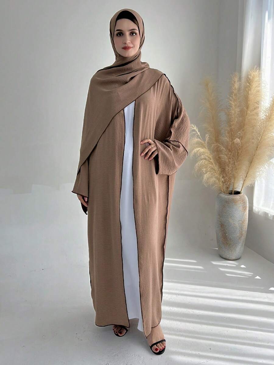 1pc Breathable Soft Side Edged Fashionable And Simple Open-Front Abaya With Hijab - Multicolor - View 1