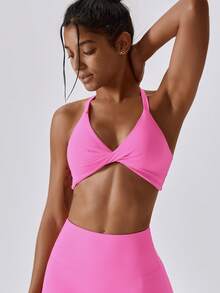 Women's Sexy Sports Bra With Front Knot And Back Crossed Straps - Hot Pink - View 2