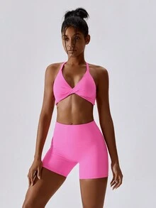 Women's Sexy Sports Bra With Front Knot And Back Crossed Straps - Hot Pink - View 3