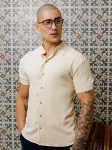 Men's Shirt Priest Collar Short Sleeve Comfortable Light Soft Cool Easy To Iron - Màu be - Xem 5