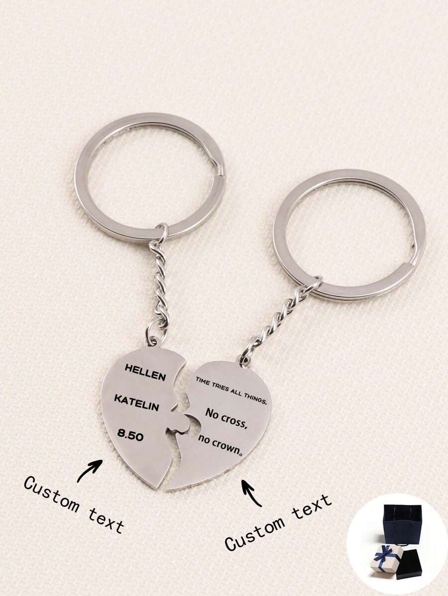 Móc khóa hình trái tim tùy chỉnh, Phong cách tối giản, Móc khóa cặp đôi, Hình trái tim và tình yêu, Tên, khẩu hiệu, địa điểm và ngày tháng có thể tùy chỉnh, Thích hợp cho sinh nhật, ngày lễ tình nhân, ngày kỷ niệm, Quà tặng cho mẹ, bạn trai, bạn gái, cha mẹ-con hoặc người yêu có thể đeo - Bạc - Xem 1