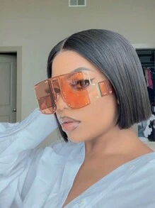 1pc Women's Oversized Flat Top Fashion Glasses, Y2K Square One-Piece Stylish Glasses, Retro Punk Large Frame , Metal Rivet Punk Glasses, Fashionable For Party, Music Festival, Beach, Holiday, Halloween, Summer Beach Vacation, Outdoor Activities, Travel