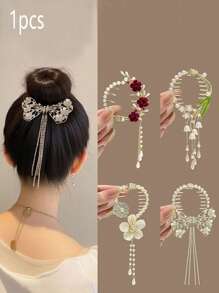 1pc Teen' Bun Holder Clip With Flower Tassel Decor, Perfect For Parties And Daily Wear In Summer - Multicolor - View 2