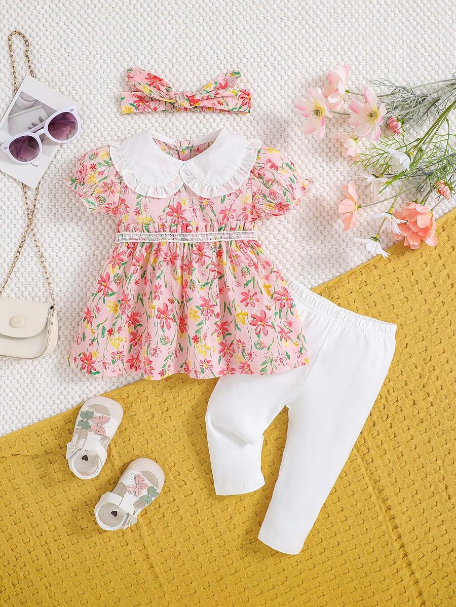 Summer Baby Girls' Pink Floral Top And Bottom Set (With Hair