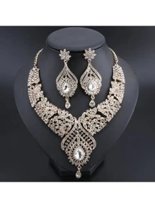 1 Set Crystal, Rhinestone, Cubic Zirconia Water Drop Necklace And Earrings Jewelry Set, Suitable For Women's Wedding, Party, Daily Wear, Great For Holiday, Birthday, Christmas Gift