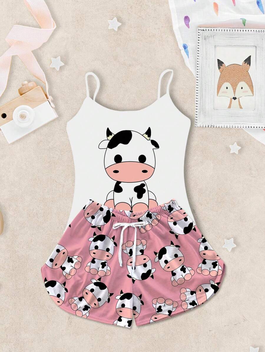 Pijama Feminino Infantil Kids Estampa Vaca Rosa - Branco - Visão 1