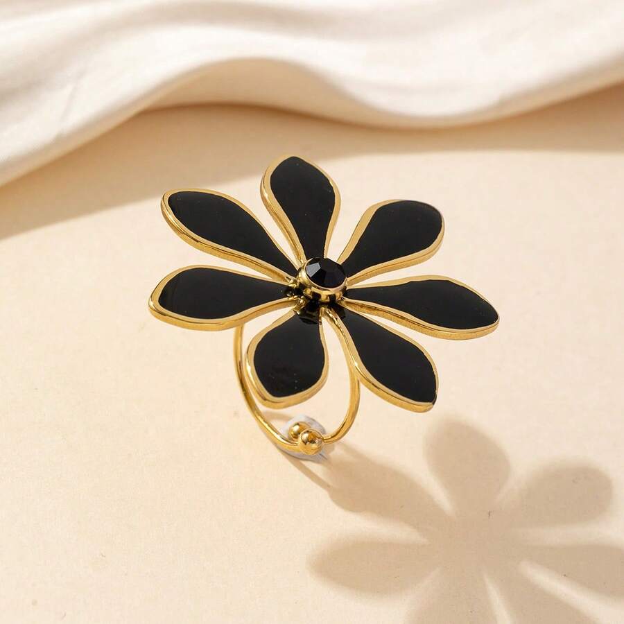 2024 Mới về Nhẫn thép titan vàng 18K thanh lịch và cao cấp, Trang sức nhẫn hình hoa bằng thép không gỉ 316L đơn giản và cá tính dành cho nữ, phong cách Âu Mỹ - màu đen - Xem 1