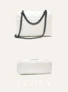 CEZIRA CEZIRA 1 Pc Fashionable Pearl White Color PU Leather Bag For Women Quilted Square Flap Cover Metal Chain Adjustable Strap Cross Body Luxury Elegant For Teen Girls College Office Work Outing