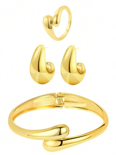 Set de joyas de acero inoxidable geométrico de moda, que incluye pulsera con forma de lágrima, anillo y aretes para mujeres