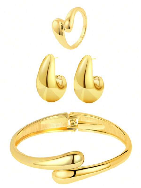 1 Conjunto de jóias femininas em aço inoxidável geométrico da moda, incluindo Bracelete, Anel em Forma de Gota e Brincos