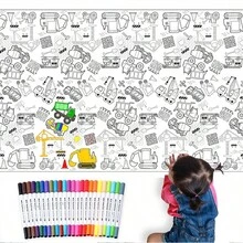 137x274cm 3入組新型建築車紙質桌布套裝，帶膜涂層，適用於DIY，彩色筆，水彩畫，海報和桌布