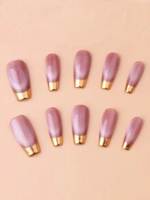 10pcs Eye Cat Long Ballerina Shape Handmade Press On Nails Kit -Elegant Chic Gold Classic French Tip Style Design False Nails, Reusable, Custom, Durable -Glossy Finish Acrylic Soft Gel Full Cover Fake Nails Set - Artificial Fingernails Manicure Set-For Daily Wear For Women And Girls Nail Supplies - Gold - View 6