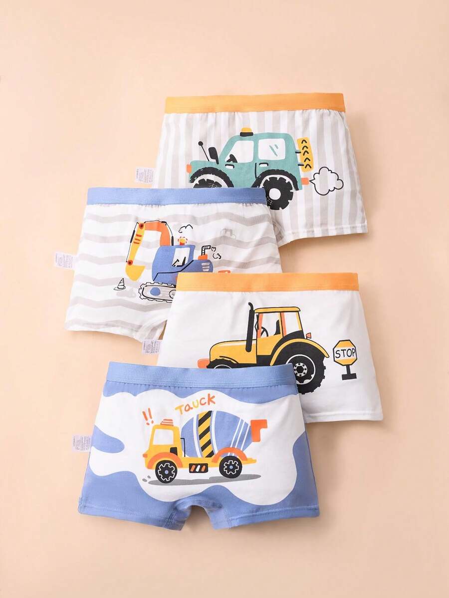 4pcs/Pack Young Boy Construction Vehicle Printed Boxer Briefs Underwear Set