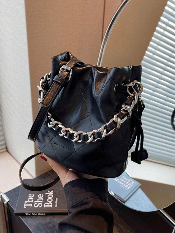 Mini Fashionable Shoulder Bucket Bag With Chain Decoration, Simple And Atmospheric Cross-Body Bag