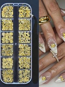 12格3D金色丝带蝴蝶结金属可爱美甲装饰饰品，花朵爱心皇冠设计混合风格卡哇伊日式美甲饰品配件，带镊子，家用DIY美甲沙龙美甲用品，美甲宝石 - 金色 - 查看 2