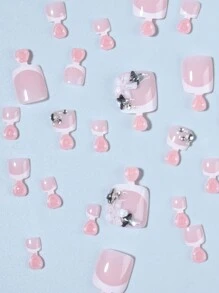 24pcs White French Square Press-On Toenails 3D Flowers With Rhinestones Design Acrylic Fake Toenail, Contain 1pc Jelly Glue And 1pc Nail File, Suitable For Women & Girls Daily Use In Summer Nail Supplies - Multicolor - View 4