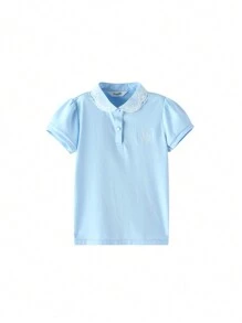 Annil Tween Girls Clothing With Lapel Embroidery Short Sleeved Top, Summer New Long Velvet  Casual Polo Shirt, Bubble Sleeve Top, Versatile