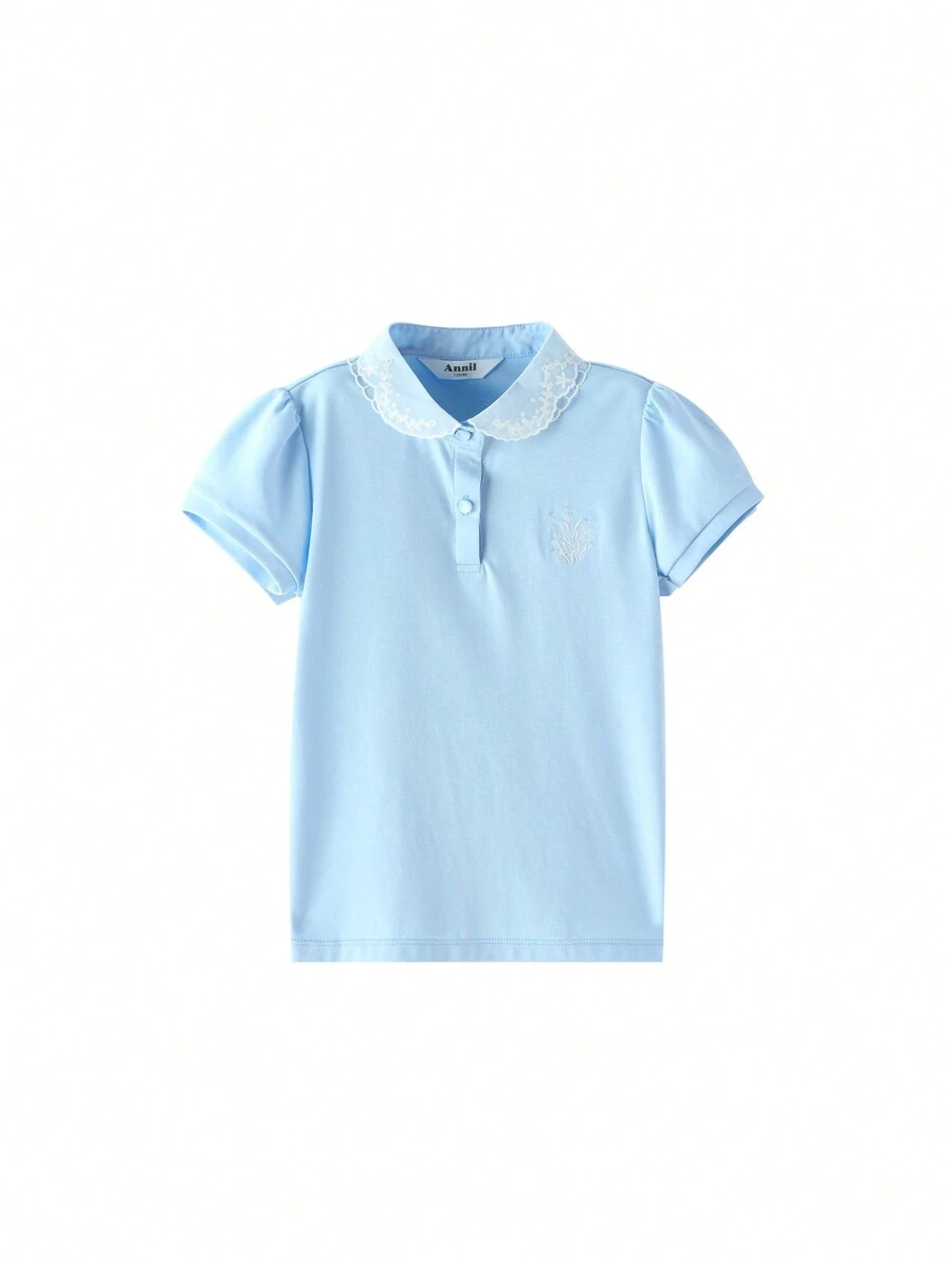 Annil Tween Girls Clothing With Lapel Embroidery Short Sleeved Top, Summer New Long Velvet  Casual Polo Shirt, Bubble Sleeve Top, Versatile