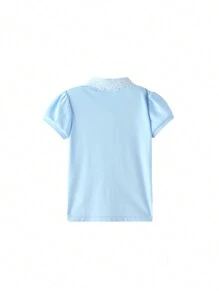 Annil Tween Girls Clothing With Lapel Embroidery Short Sleeved Top, Summer New Long Velvet  Casual Polo Shirt, Bubble Sleeve Top, Versatile